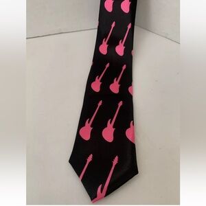 Dan Smith Necktie Polyester 2" Black With Pink Guitars Slim Skinny Band Music